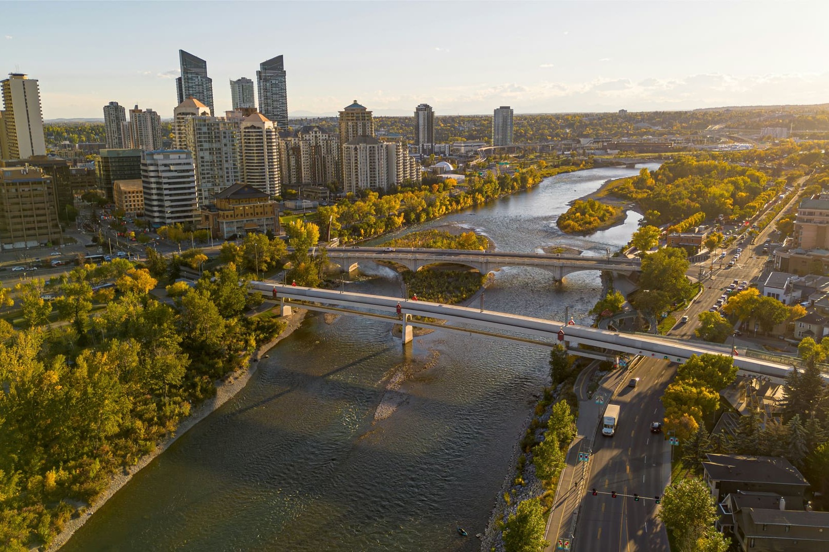 an overhead photograph of Calgary and the Bow river