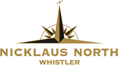 Logo for Nicklaus North Whistler: a gold and black compass rose with a tall central arrow and the words 'NICKLAUS NORTH' and 'WHISTLER'