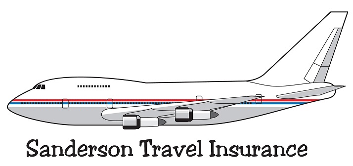 Logo for Sanderson Travel Insurance featuring a large passenger jet with a red, white, and blue stripe and the company name beneath.